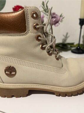 Timberland Women's Cream Lace-Up Boots with Rose Gold Accents